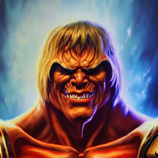Prompt: a hyperrealistic acrylic portrait painting of an evil he - man by artgerm and beksinski. epic fantasy art. cyberverse background. redshift render