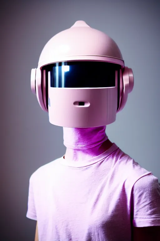 Prompt: a high definition film photograph of a normal androgynous robot human wearing a plain white t - shirt, in a pastel pink room. happy. metal visor covering eyes. reflective perspex coloured helmet. crushed shadows.