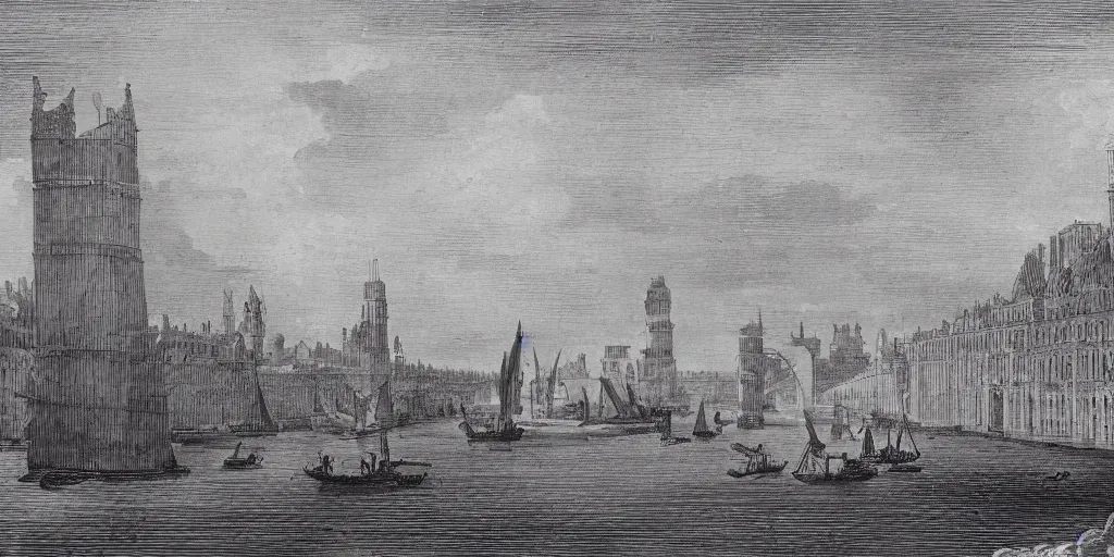 Image similar to illustration, 18th Century London, city buildings on top of tall bridge structure, over the ocean, tall arches, fading off to the horizon