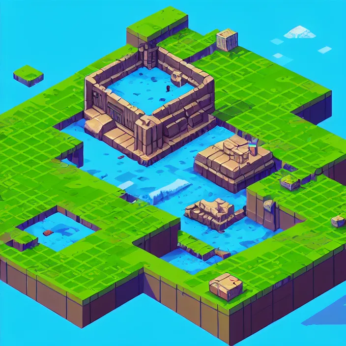 Image similar to isometric view of a building above an azure lake, beautiful game art, by thomas feichtmeir ( cyangmou ), by pixel jeff, by kirokaze, by waneella, by albertov, by junkboy, by retronator, clear focus, very coherent