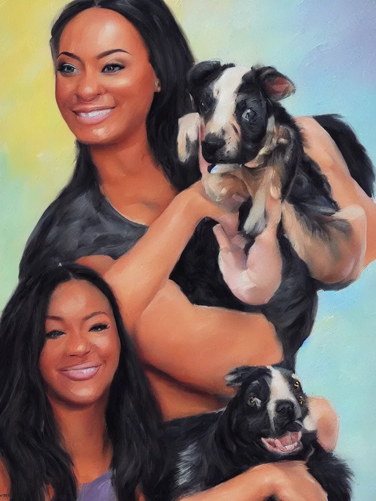 Image similar to “A beautiful oil painting of Megan-the-stallion holding a small dog with Dwayne Johnson’s head, trending on art station, digital art”