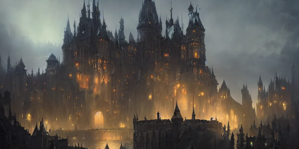 Image similar to a fantasy castle, dramatic lighting, city background, chiaroscuro, high detail, painted by greg rutkowski, painted by igor kieryluk, painted by bobby chiu, trending on artstation