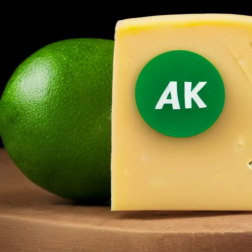 Image similar to a cheese with a green participation badge, stock art, 8K