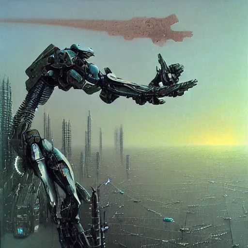 Prompt: a giant mecha evangelion defending the city, painted by zdzislaw beksinski