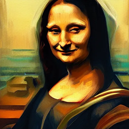 Image similar to greg manchess portrait painting of partially armored mona lisa as overwatch character, medium shot, asymmetrical, profile picture, organic painting, sunny day, matte painting, bold shapes, hard edges, street art, trending on artstation, by huang guangjian and gil elvgren and sachin teng