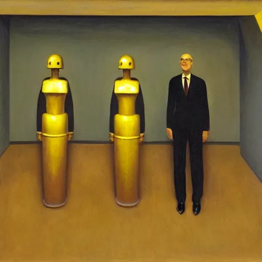 Image similar to three brutalist robot judges in a rotunda room, grant wood, pj crook, edward hopper, oil on canvas