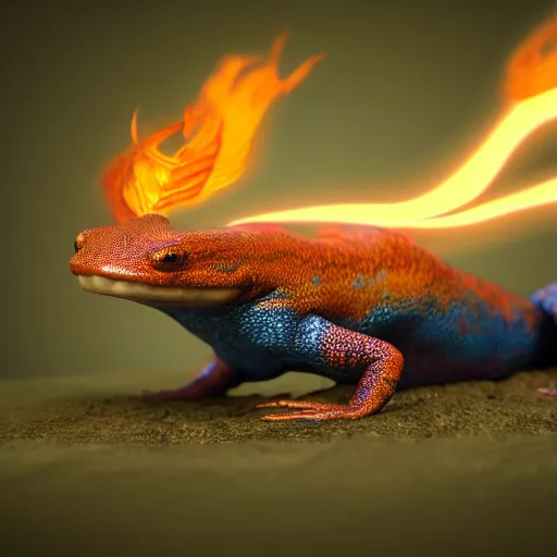 Prompt: cute salamander, fire on back, pet, mythical creature, digital art, raytraced, octane engine, high quality