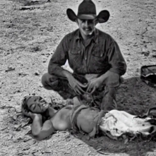 Image similar to a cowboy standing next to a dead girl, the cowboy is smiling.