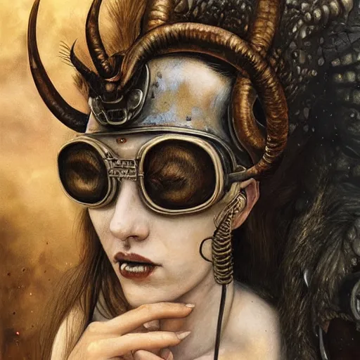 Image similar to a hyperrealistic portrait painting of a beautiful woman with demonic horns wearing steampunk goggles, riding a horse into the fires of hell, by santiago caruso, highly detailed,