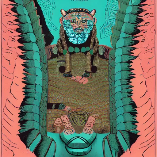 Image similar to illustration of mayan jaguar warrior, resolved, showing conviction or humor by a gloomy silence or reserve, by studio multi and victo ngai, malika favre, william s burroughs, cut up film