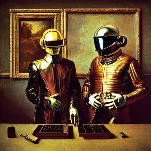 Prompt: daft punk album cover as a renaissance painting by rembrandt