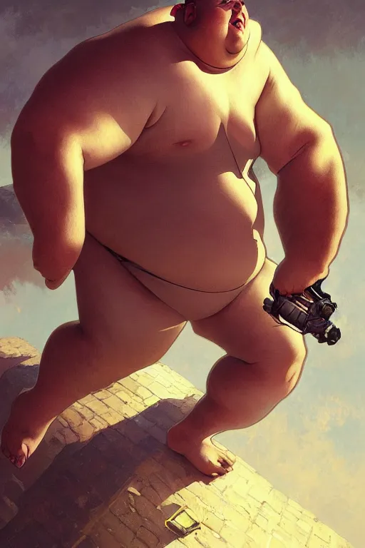 Image similar to an overweight man as a human cannonball, realistic painting, symmetrical, highly detailed, digital painting, artstation, concept art, smooth, sharp focus, illustration, cinematic lighting, art by artgerm and greg rutkowski and alphonse mucha