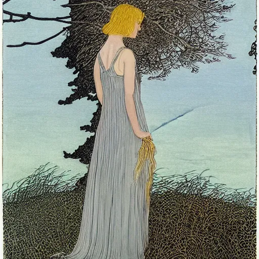 Prompt: art by ida rentoul outhwaite : ( subject = girl at the lake + subject detail = very long blond hair, pretty, front view )