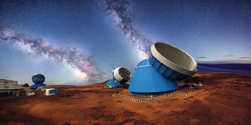 Prompt: huge telescope on mauna kea, big telescope in front, starry sky in background, blue color scheme, wide - angle lens, by hasui kawase