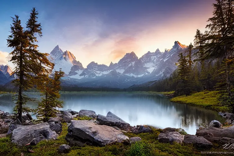 Image similar to photograph of mountains with a lake in front of them, trees on the side, rocks in foreground by marc adamus