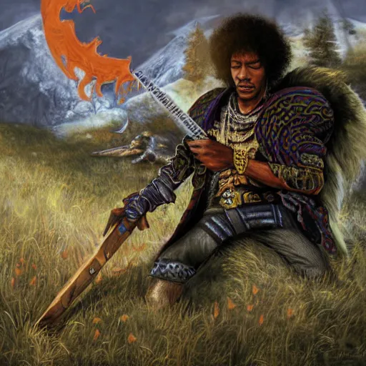 Prompt: jimi hendrix is a guard in skyrim protecting whiterun from a dragon by keith thompson