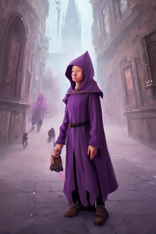 Prompt: Young beautiful short woman in purple witch robes and pointy hat at a crowded magical university, full body shot unreal engine hyperreallistic render 8k character concept art masterpiece digital art by Greg Rutkowski, Simon Stalenhag, trending on Artstation, CGSociety