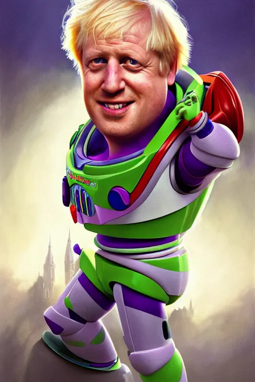 Image similar to Boris Johnson as Buzz Lightyear from Toy Story, realistic portrait, symmetrical, highly detailed, digital painting, artstation, concept art, smooth, sharp focus, illustration, cinematic lighting, art by artgerm and greg rutkowski and alphonse mucha