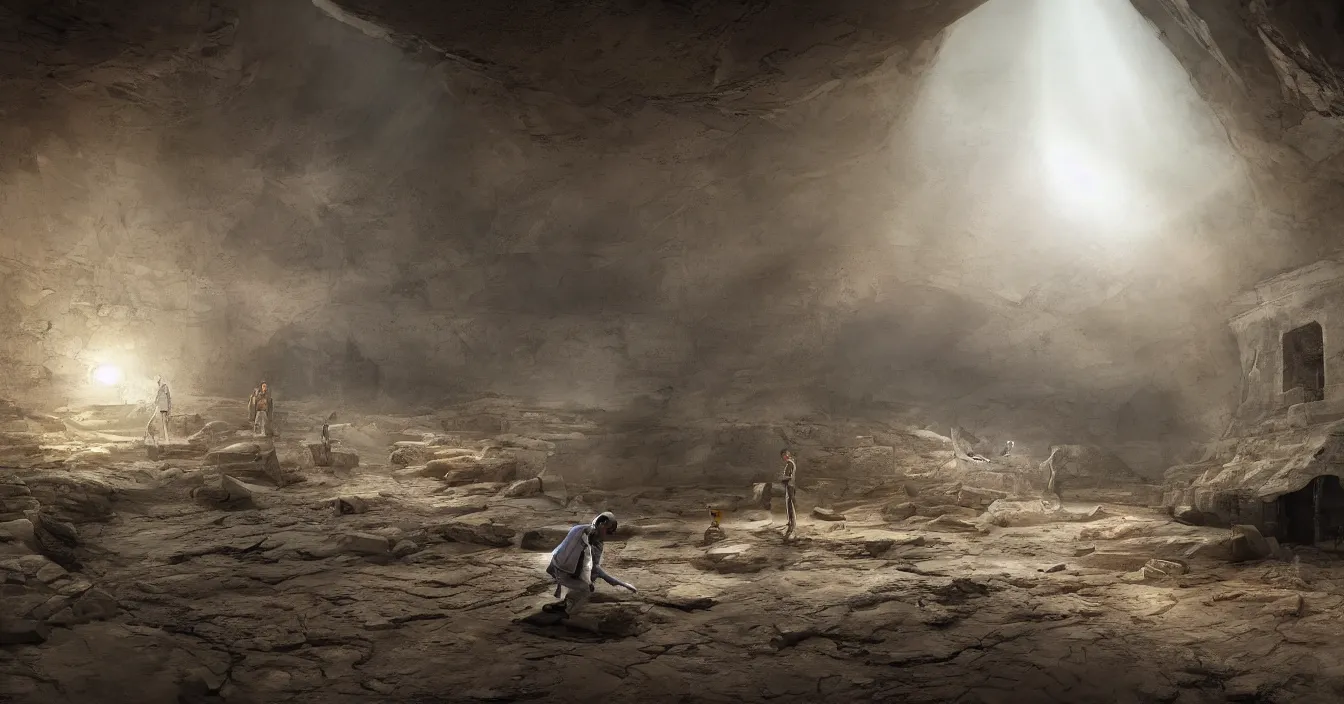 Prompt: futuristic archaeologist excavating buried huge alien spaceship, in the hidden room in egypt pyramid, reflections, volumetric light in rain, deep sense of horror atmosphere, visual fidelity and plasticity, deep depth, defocus, in style of james paick, rendered in vray, raytracing, raymarching