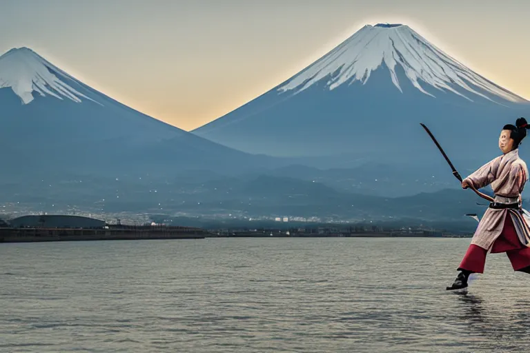 Image similar to beautiful photo of a young modern geisha samurai warrior, mt fuji in the background, mid action swing, shining silver katana sword, award winning photo, muted pastels, action photography, 1 / 1 2 5 shutter speed, dramatic lighting