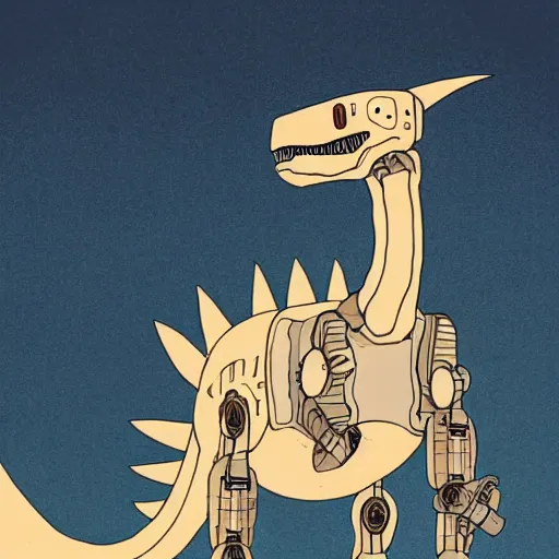 Image similar to a studio ghibli portrait of a robot T-rex made of mechanical parts, minimalist cartoonish psychedelic paleoart, realistic pixar style dinosaur