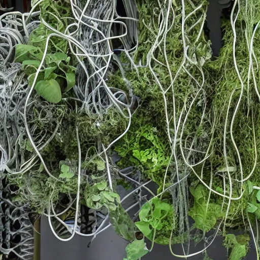 Prompt: Tangled wires in a gray laboratory overgrown with aquatic plants