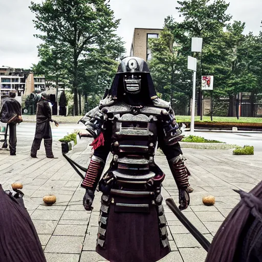 Image similar to a traditionally dressed godlike masked and helmeted cyborg samurai , UN meeting at The Hague , members yelling and screaming animatedly, commotion , Photo realistic , Gregory Crewdson , Award winning. Masterpiece, exquisite detail, post processing