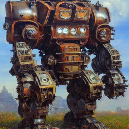 Prompt: oil painting of a huge rusting mech, that resembles a mechanical gorilla, highly detailed, complex, intricate by james gurney sleek, elegant, anime style