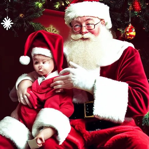 Image similar to santa claus sitting on a kid's lap at the mall, film camera photo, highly detailed, high definition, ultra realistic