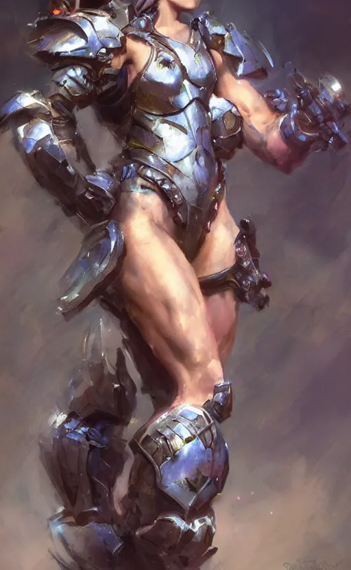 Prompt: muscular full armored girl by daniel gerhartz, colorfull, good shading, perfect lights, moonlight background, trending on art station