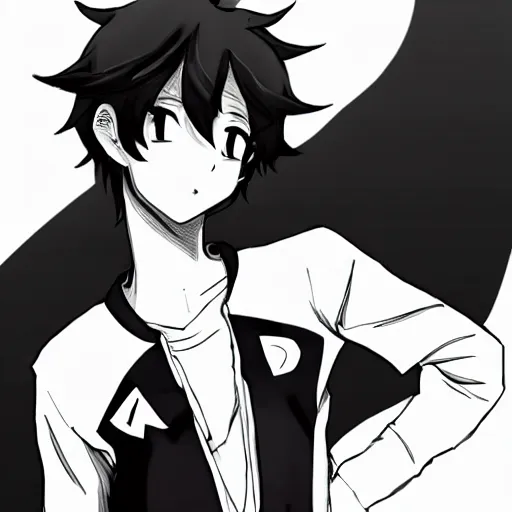 Prompt: black and white anime boy