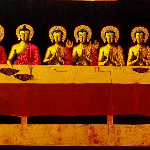 Image similar to a beautiful painting cyberpunk gold buddha the last supper, by leonardo da vinci realistic oil painting