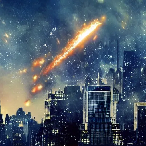 Image similar to Starship falling from tje sky on New York city, still from latest Michael Bay sci-fi movie