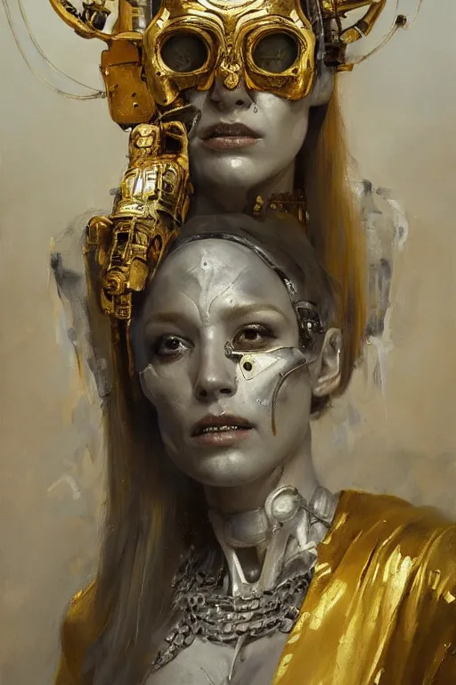 Image similar to beautiful expressive oil painting portrait of ancient god queen, silver exoskeleton, with a gold skull mask, cyberpunk, alien semiotic symbols, art by anders zorn, wonderful masterpiece by greg rutkowski, beautiful cinematic light, american romanticism by greg manchess, jessica rossier