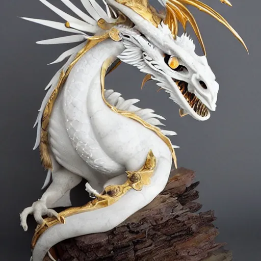 Prompt: feathered dragon, white marble with gold accents, by ellen jewett