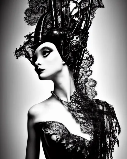 Image similar to a black and white high quality dreamy photo of a young beautiful female queen-silver dragon-vegetal-flower-cyborg black lace veiled bust with a very long steampunk cyborg neck, elegant, highly detailed, poetic, soft, dreamy, mysterious, high fashion, in the style of Horst P. Horst, Metropolis, Realistic, Refined, Digital Art, Highly Detailed, Cinematic Lighting, rim light, black and white, photo-realistic, 8K