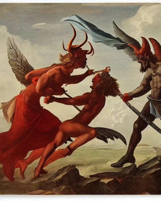 Image similar to devil fights angel, high detail, extremely detailed, very sharp, in the style of jost amman,