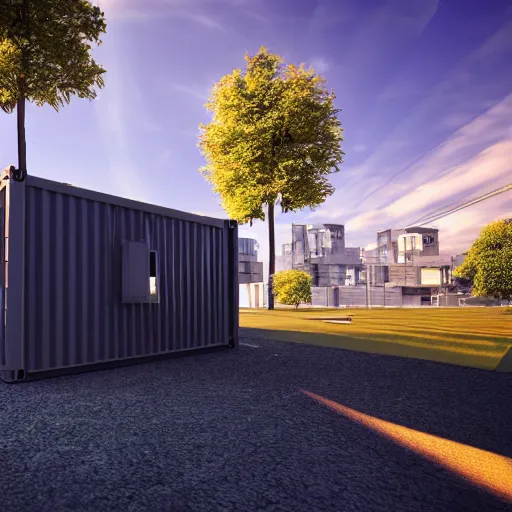 Prompt: photo of glowing sci fi container powering a modern peaceful hospital in a pleasant urban setting with trees, day - time, sun overhead, award - winning, high res, 4 k, artstation