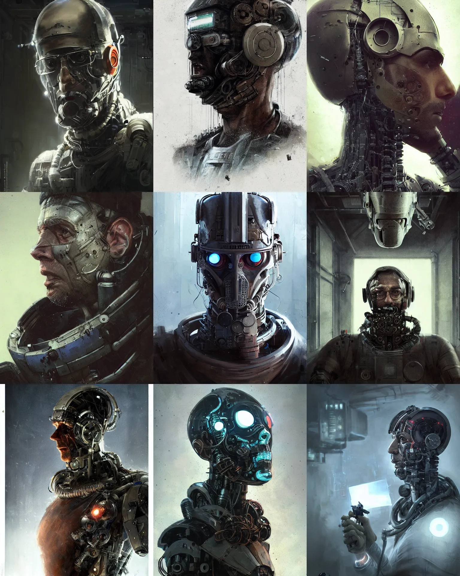 Image similar to a half - masked rugged laboratory engineer man with cybernetic enhancements as seen from a distance, scifi character portrait by greg rutkowski, esuthio, craig mullins, 1 / 4 headshot, cinematic lighting, dystopian scifi gear, gloomy, profile picture, mechanical, half robot, implants, steampunk