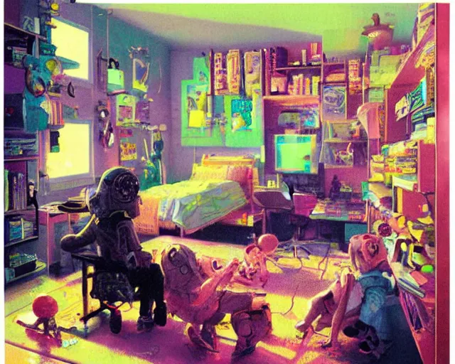 Prompt: IKEA catalogue photo of a cyberpunk children’s bedroom, by Paul Lehr