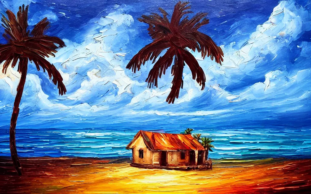 Image similar to in a big sea is a small island with a cute cozy cottage on it and a paved courtyard with benches and string lights, palm trees, sunset, puffy clouds, dramatic and dynamic lighting, thick brush strokes oil impasto painting