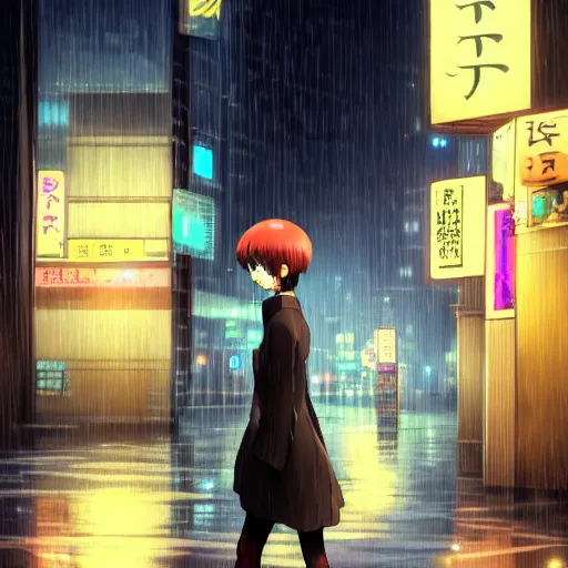 Prompt: beautiful anime girl walking in rainy osaka city center at night, anime key visual, digital art, anime screenshot, kyoto animation, makoto shinkai, trending on artstation