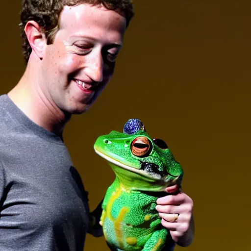 Image similar to mark zuckerberg with a frog on his shoulder