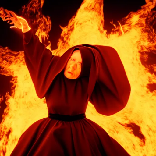 Prompt: a cinematic sequence of a nun in flames, 8k, hdr, photorealistic