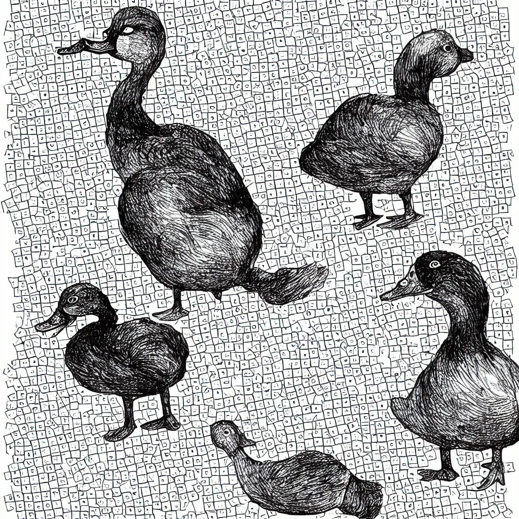 Prompt: A duck doing a crossword puzzle in the style of a New Yorker cartoon.
