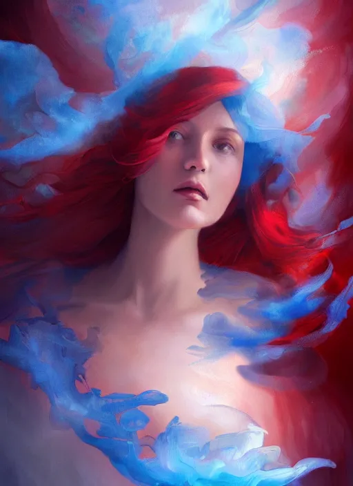 Image similar to a painting of a woman who made of curly and transparent feathers cloud with red edges is holding a sword, a digital painting by charlie bowater, made of many translucent layers of blue, metaphysical painting, speedpainting, digital painting, holographic undertones, highly saturated colors, 4 k, digital art, concept art, trending on artstation