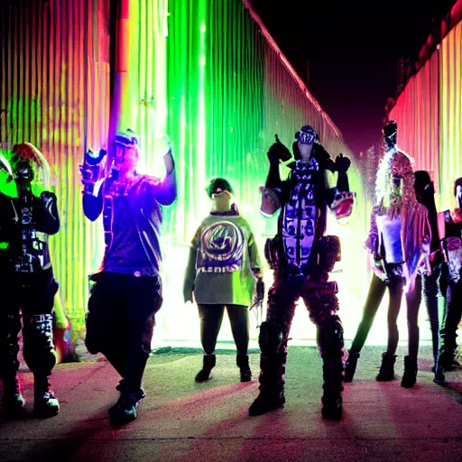 Prompt: cyberpunk ravers defending a warehouse from police robots at night