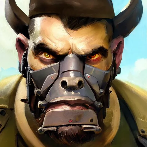 Image similar to greg manchess close - up portrait painting of a ruggedly handsome male dieselpunk orc with olive green skin as an overwatch character, medium shot, asymmetrical, profile picture, organic painting, sunny day, matte painting, bold shapes, hard edges, street art, trending on artstation, by huang guangjian and gil elvgren and sachin teng