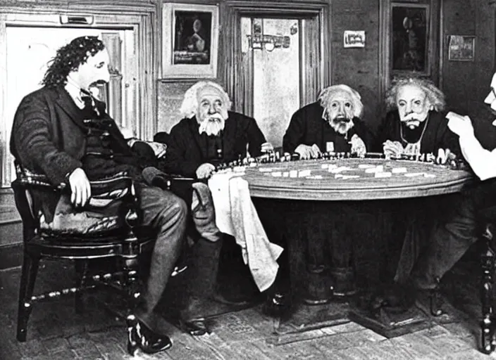 Image similar to photograph of albert einstein and isaac newton and stephen hawkins playing poker in an old west saloon