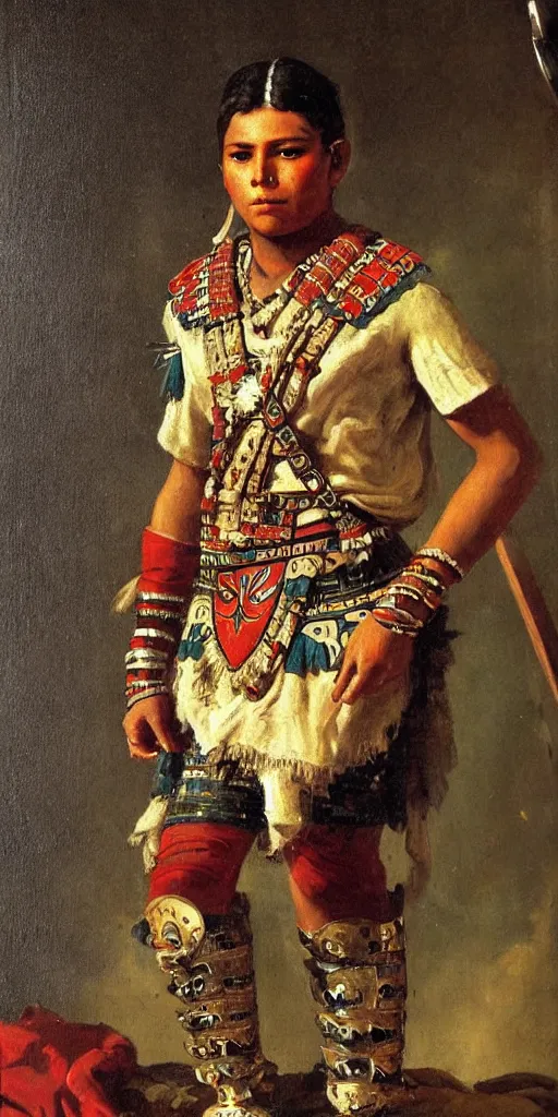 Image similar to Potrait of a Handsome Young Aztec Warrior, painting by Franz Xaver Kosler